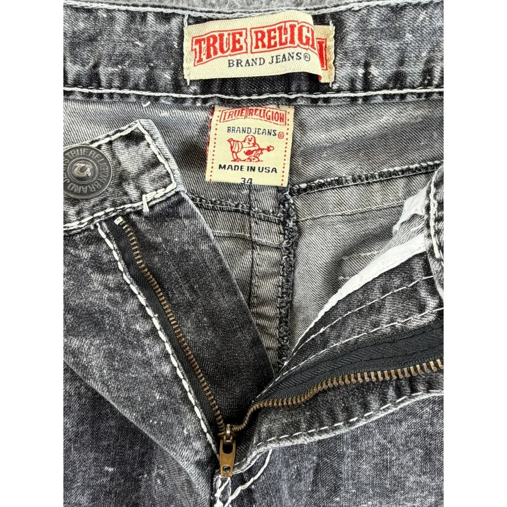 True Religion Men Acid Wash Black Jeans Thick White Stitching Straight Leg 34x30